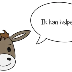 Een schattig ezeltje met een spraakballon zegt: "Ik kan helpen!". Misschien kan het dametje met de centimeter meten.