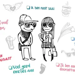 Creatief, energiek, spontaan: dit zijn kenmerken die soms geassocieerd worden met adhd symptomen. Een vrolijke illustratie met positieve eigenschappen.