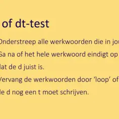 Een schema voor werkwoordspelling, met instructies voor de d- of dt-test. Een figuur leest een boek bovenop een stapel boeken.