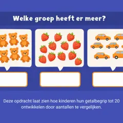 Groep 3 kinderen oefenen met tellen: 8 beren, 11 aardbeien, 7 auto's. Welke groep heeft er meer?