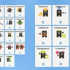 Kaarten met woordsoorten voor groep 4, zoals klankgroepenwoord, taxiwoord en cadeawoord, met vrolijke figuurtjes.