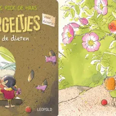 De Gorgels trakteren de dieren. Een jongetje met elfenoortjes en een mand vol fruit, en vogeltjes in de struiken.