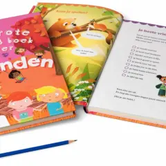 Drie boeken over vriendschap, waaronder "Mijn grote AVI E3 boek over vrienden". Een potlood ligt ernaast.