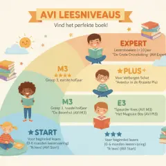 Overzicht van AVI leesniveaus met kinderen en boeken. Van START tot EXPERT, ontdek wat is AVI uit en welk boek past.