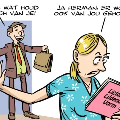 Een man roept "Schat, wat houd ik toch van je!". Een vrouw leest een boek met de titel "Liefde in Lijdende Vorm" en antwoordt: "Ja Herman, er wordt ook van jou gehouden.