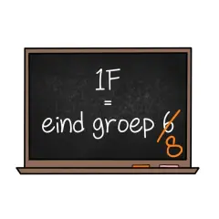 Zwart schoolbord met tekst: 1F = eind groep 6/8. Dit suggereert een rekenopgave voor 1F niveau, mogelijk voor groep 8.