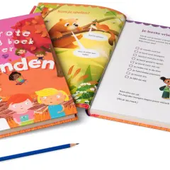 Drie boeken, waaronder een AVI plus boek over vrienden, met illustraties van kinderen en dieren.