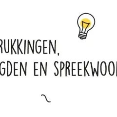 Een trein met "Chatt" erop, een gloeilamp, een vraagteken en tekst over bekende gezegden en spreekwoorden.
