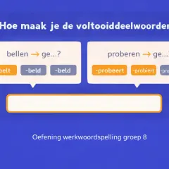 Oefening werkwoordspelling groep 8: hoe maak je voltooid deelwoorden? Kies het juiste antwoord voor 'bellen' en 'proberen'.