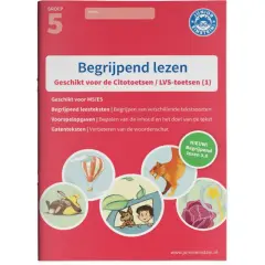 Werkboek voor begrijpend lezen groep 5, met illustraties van een luchtballon, tijger, konijn, jongen met hond en een toverstaf.