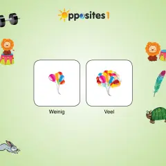 Een circusleeuw met weinig ballonnen tegenover een circusleeuw met veel ballonnen. Leer kleuters over tegenstellingen.