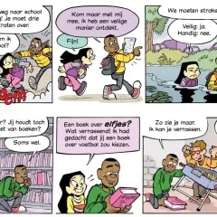 Kinderen vinden leesboeken groep 4, ontdekken een veilige route naar school en spelen tafelvoetbal.