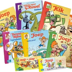 Een stapel vrolijke kinderboeken, waaronder "Joep" en "Kik", die het leesplezier bevorderen.