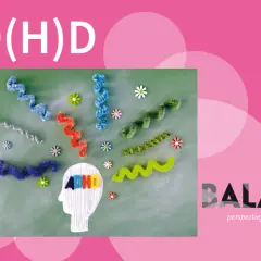 ADHD-richtlijn: een hoofd met de letters ADHD, omringd door kleurrijke, kronkelende vormen en bloemen. Balans: perspectief voor ieder gezin.