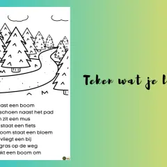 Teken wat je leest groep 4: een bos met een pad, bomen, een hert, een schoen, een mus, een fiets, een bloem, een bij, gras en een boer.