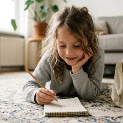 Een meisje ligt op de grond en maakt sommen in een schrift. Naast haar ligt een knuffelkonijn. Ze oefent de tafels.