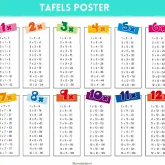 Poster met tafels van 1 t/m 12, ideaal om de tafels van 12 oefenen. Kinderen leren de tafels met dit kleurrijke poster.