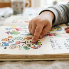 A child's hand points to colorful drawings in an open book.