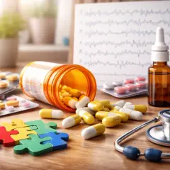 Medicatie bij overprikkeling autisme: pillen, flesjes, puzzelstukjes en een stethoscoop op een houten tafel.