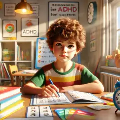 Jongen met ADHD worstelt met lezen. Boeken en kaarten met ADHD-thema liggen op tafel.