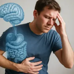 Man met hoofdpijn en buikpijn, hersenen en spijsverteringsorganen zichtbaar. Mogelijk verband tussen adhd en overgewicht.