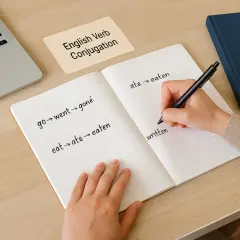 Iemand schrijft Engelse werkwoorden op, zoals 'go', 'went', 'gone'. De uitzonderingen in het Engels leren is belangrijk.