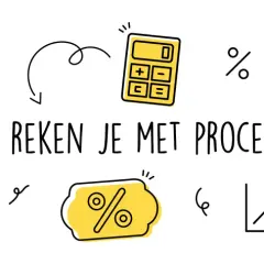 Hoeveel procent is iets van iets? Leer het met deze illustratie vol met procenten, een rekenmachine, grafieken en een boek.