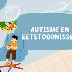 Een therapeut praat met een jongen over **autisme en eetproblemen**. Groenten en koekjes symboliseren de uitdagingen.