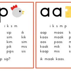 Werkblad 'Veilig leren lezen kern 1' met de letters p en aa. Oefen woorden zoals 'kip' en 'kaas'.