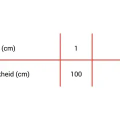 Tabel toont hoe bereken je schaal: 1 cm op de tekening is 100 cm in werkelijkheid.