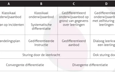 Tabel met vier kolommen (A-D) en rijen die verschillende onderwijsaanpakken tonen, waaronder 'divergente differentiatie' in kolom D.