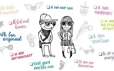 Creatief, energiek, spontaan: dit zijn kenmerken die soms geassocieerd worden met adhd symptomen. Een vrolijke illustratie met positieve eigenschappen.