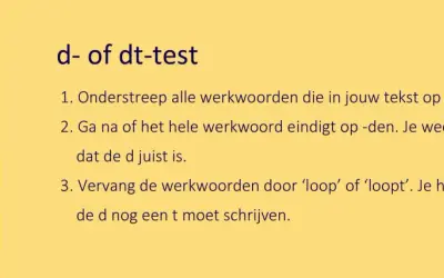 Een schema voor werkwoordspelling, met instructies voor de d- of dt-test. Een figuur leest een boek bovenop een stapel boeken.
