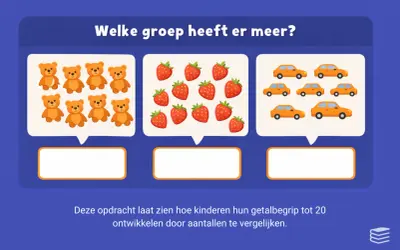 Groep 3 kinderen oefenen met tellen: 8 beren, 11 aardbeien, 7 auto's. Welke groep heeft er meer?