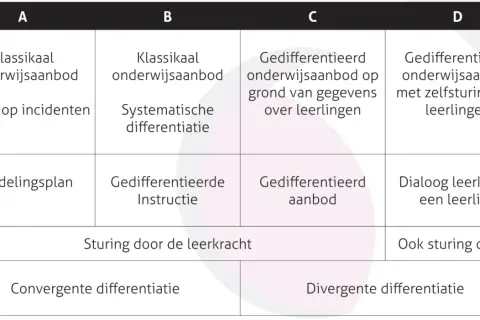 Tabel met vier kolommen (A-D) en rijen die verschillende onderwijsaanpakken tonen, waaronder 'divergente differentiatie' in kolom D.