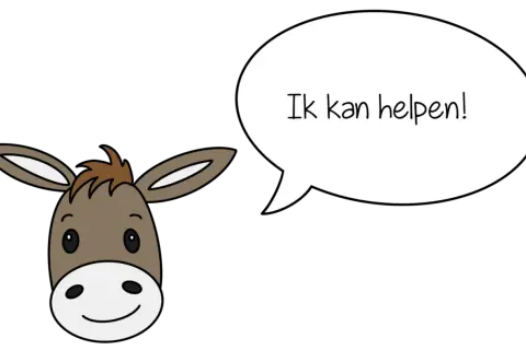 Een schattig ezeltje met een spraakballon zegt: "Ik kan helpen!". Misschien kan het dametje met de centimeter meten.