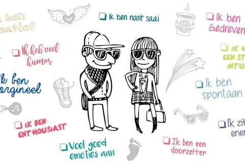 Creatief, energiek, spontaan: dit zijn kenmerken die soms geassocieerd worden met adhd symptomen. Een vrolijke illustratie met positieve eigenschappen.