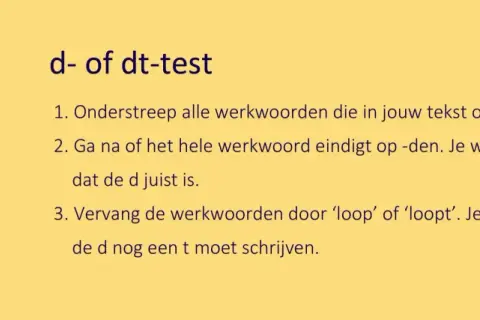 Een schema voor werkwoordspelling, met instructies voor de d- of dt-test. Een figuur leest een boek bovenop een stapel boeken.