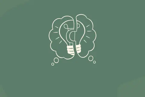 Een denkbeeldige brein met een gloeilamp als hersenhelften, symbool voor creativiteit en innovatie. Dit is een mooi mab materiaal.