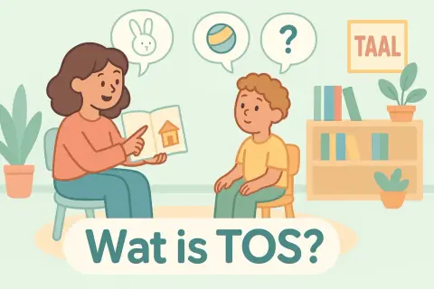 Een vrouw leest een kind voor uit een boek, met afbeeldingen van een konijn, bal en vraagteken. Dit illustreert wat een taalachterstand is.