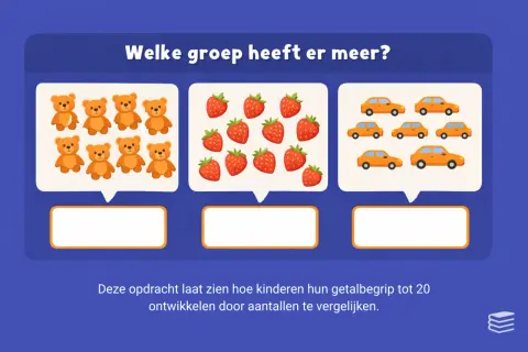 Groep 3 kinderen oefenen met tellen: 8 beren, 11 aardbeien, 7 auto's. Welke groep heeft er meer?