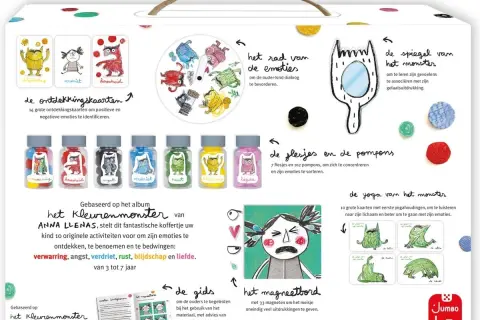 Koffertje met spelletjes over kleurenmonsters en emoties: ontdekkingskaarten, rad van emoties, flesjes met pompons, spiegel, magneetbord, yogakaarten en gids.
