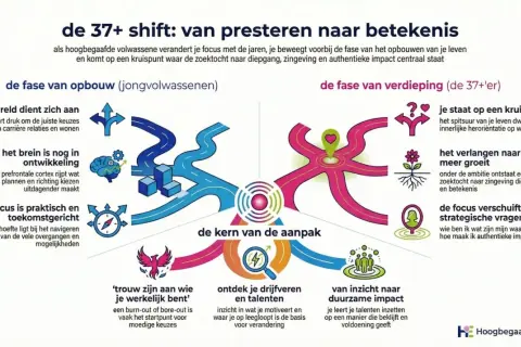 Schema over de 37+ shift: van presteren naar betekenis. Illustreert de overgang van opbouw naar verdieping, met aandacht voor hoogbegaafd kind gedragsproblemen.
