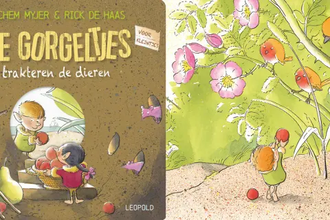 De Gorgels trakteren de dieren. Een jongetje met elfenoortjes en een mand vol fruit, en vogeltjes in de struiken.