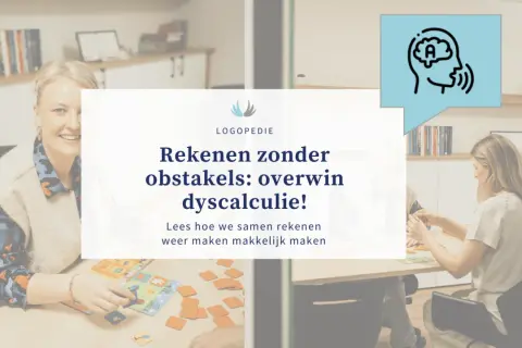 Twee vrouwen spelen een spel met rekenkaarten. De tekst benadrukt hoe ze samen dyscalculie overwinnen, met een focus op cijferend aftrekken.