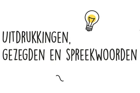 Een trein met "Chatt" erop, een gloeilamp, een vraagteken en tekst over bekende gezegden en spreekwoorden.