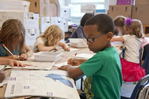 Kinderen met potloden aan het werk, sommigen met een boek over de 'Blackbird'. Een jongen met bril, avi 8 leesniveau, tekent aandachtig.