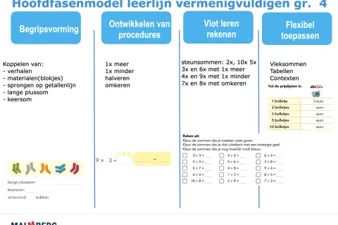 Onderdeel van een lesplan vermenigvuldigen voor groep 7, met oefeningen over begripsvorming, procedures, vlot rekenen en flexibel toepassen.
