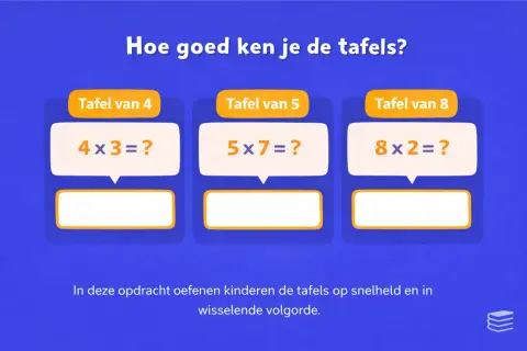 Oefenen met tafels van 4, 5 en 8. Kinderen in groep 4 kunnen hier hun rekenvaardigheid testen.