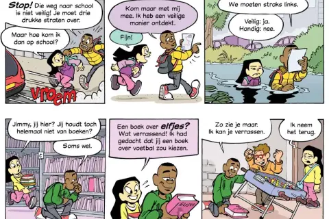 Kinderen vinden leesboeken groep 4, ontdekken een veilige route naar school en spelen tafelvoetbal.